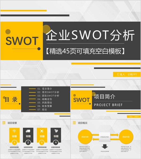 市场优势劣势机会分析SWOT分析矩阵企业战略分析工作汇报PPT模板